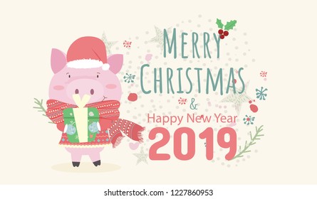 Merry ChristmasHappy holidays warm wishes creative hand drawn card winter animal pig hold a gift box enjoying winter,text happy merry christmas and happy new year,happy greeting card,vector,elements,
