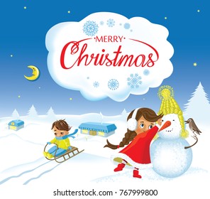  Merry Christmas.Happy Kids Boy and Girl Playing with Cute Dressed Snowman and ride a sled at Winter Season in Snowy Ground Background. Holiday Greeting Card, Banner, Poster Template.