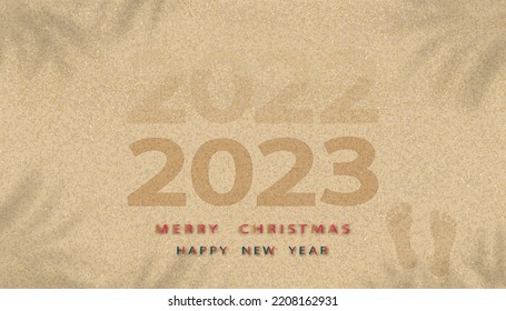 Merry Christmas,Happy New Year 2023 on Sandy Beach Texture background with Palm leaf shadow and Footprints,Vector illustration Backdrop Brown Beach sand dune with barefoot for New Year banner 