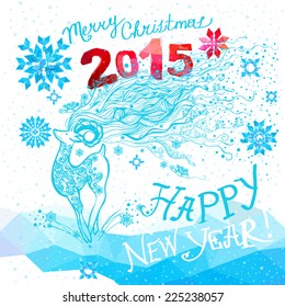 Merry Christmas,Happy New Year background,winter vector template design with colored geometric snowflakes symbol of the year the goat and geometric figures 2015,winter theme for your congratulations!
