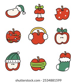 Merry christmas.Happy new year festival.Set of cute apple fruit icon various style in winter concept.Vegetables.Cartoon hand drawn.Kawaii.Vector.Illustration.