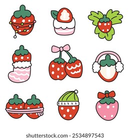 Merry christmas.Happy new year festival.Set of cute strawberry fruit icon various style in winter concept.Vegetables.Cartoon hand drawn.Kawaii.Vector.Illustration.