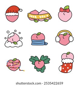 Merry christmas.Happy new year festival.Set of cute peach fruit icon various style in winter concept.Vegetables.Cartoon hand drawn.Kawaii.Vector.Illustration.