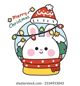 Merry christmas.Happy new year festival.Cute rabbit bunny face with tree in christmas glass ball.Snow,santa hat,light hand drawn.Rodent animal cartoon hand drawn.Kawaii.Vector.Illustration.