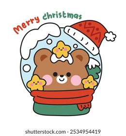 Merry christmas.Happy new year festival.Cute teddy bear face with star in christmas glass ball.Snow,santa hat,tree hand drawn.Wild animal cartoon hand drawn.Kawaii.Vector.Illustration.