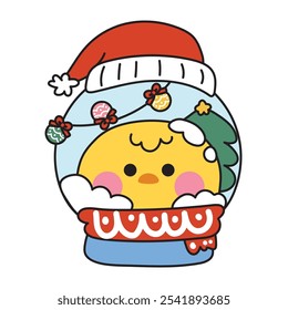 Merry christmas.Happy new year festival.Cute chicken face with snow and tree in christmas glass ball.Santa hat.Lighting.Bird animal cartoon hand drawn.Kawaii.Vector.Illustration.