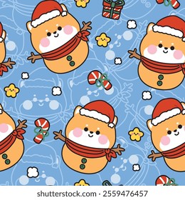 Merry christmas.Happy new year festival.Seamless pattern of cute shiba inu dog wear santa hat and scarf in snowman.Candy,gift box,star.Japanese pet animal character cartoon.Kawaii.Vector.
