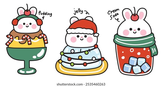 Feliz Navidad. Feliz año nuevo festival. Invierno. Conjunto de conejo lindo en postre y comida dulce. Conejito. Pudding, jalea, refresco de nata dibujado a mano. Diseño de dibujos animados de personajes de animales roedores. Kawaii. Vector. Ilustración.