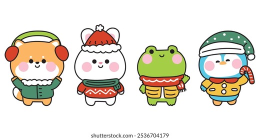 Merry christmas.Happy new year festival.Winter.Set of cute animals wear clothing.Shiba inu dog,rabbit,frog,penguin hand drawn.Kawaii.Vector.Illustration.