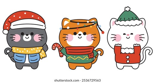 Merry christmas.Happy new year festival.Winter.Set of cute cats wear clothing.Meow.Santa hat.Animal character cartoon hand drawn.Kawaii.Vector.Illustration.