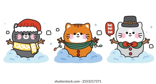 Merry christmas.Happy new year festival.Winter.Set of cute cat wear santa hat and scarf in snowman on snow background.Meow.Pet animal character cartoon.Kawaii.Vector.Illustration.