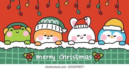 Merry christmas.Happy new year festival.Winter.Set of cute animals sleeping with blanket.Frog,shiba inu dog,rabbit,penguin.Christmas light.Kawaii.Vector.Illustration.