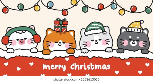 Merry christmas.Happy new year festival.Winter.Set of cute cats sleeping with blanket.Pet animal character cartoon.Christmas light.Kawaii.Vector.Illustration.