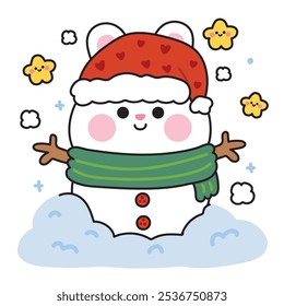 Merry christmas.Happy new year festival.Winter.Cute rabbit bunny wear santa hat and scarf in snowman with star.Rodent animal character cartoon.Kawaii.Vector.Illustration.