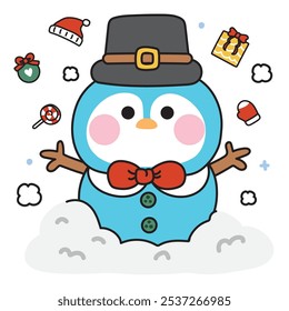 Feliz Natal.Feliz ano novo festival.Winter.Cute pinguim usar arco e chapéu em boneco de neve.Santa chapéu,doce,presente,bola,luva,neve.Polar personagem animal de aves cartoon.Kawaii.Vetor.Illustration.