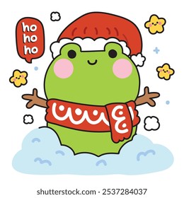 Merry christmas.Happy new year festival.Winter.Cute frog wear scarf and santa hat in snowman with star and ho ho ho text.Reptile animal character cartoon.Kawaii.Vector.Illustration.