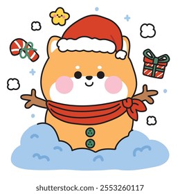 Merry christmas.Happy new year festival.Winter.Cute shiba inu dog wear santa hat and scarf in snowman.Candy,gift box,star.Japanese pet animal character cartoon.Kawaii.Vector.Illustration.