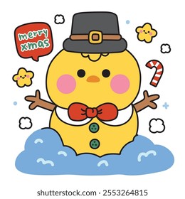 Merry christmas.Happy new year festival.Winter.Cute chicken wear hat and bow in snowman with merry xmas text.Candy.Star.Farm bird animal character cartoon.Kawaii.Vector.Illustration.