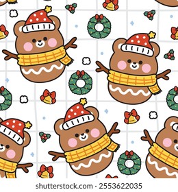 Merry christmas.Happy new year festival.Winter.Seamless pattern of cute teddy bear snowman wear santa hat and scarf background.Bell,wreath,holly.Wild animal character cartoon design.Kawaii.Vector.