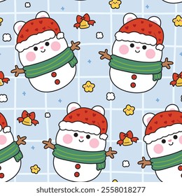 Merry christmas.Happy new year festival.Winter.Seamless pattern of cute rabbit bunny wear santa hat and scarf in snowman with star.Rodent animal character cartoon.Kawaii.Vector.Illustration.