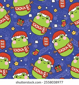 Merry christmas.Happy new year festival.Winter.Seamless pattern of cute frog wear scarf and santa hat in snowman with star and ho ho ho text.Reptile animal character cartoon.Kawaii.Vector.Illustration