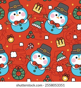 Merry christmas.Happy new year festival.Winter.Seamless pattern of cute penguin wear bow and hat in snowman.Santa hat,candy,gift,ball,glove,snow.Polar bird animal character cartoon.Kawaii.Vector.