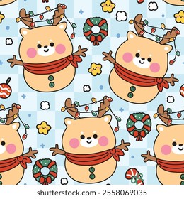 Merry christmas.Happy new year festival.Winter.Seamless pattern of cute deer wear scarf in snowman with star and candy.Christmas light.Wild animal character cartoon.Kawaii.Vector.Illustration.