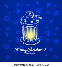 Merry Christmas&Happy New Year Greeting Card With Hand-Drawn Shiny Lantern. Vector 