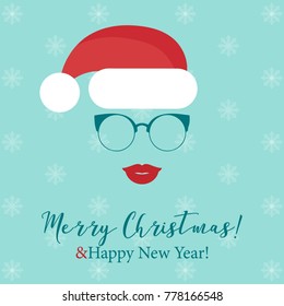 Merry Christmas&Happy New Year. Greeting card. Vintage, hipster style. Face silhouette of a woman with red hat, glasses, and red lips .Snowflakes on the background.Vector Illustration.