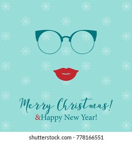 Merry Christmas&Happy New Year. Greeting card. Vintage, hipster style. Face silhouette of a woman with glasses and red lips.Snowflakes on the background.Vector Illustration.