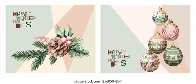 Merry Christmas,Happy New Year! A set of three fully editable posters for the New Year holidays.Digital illustrations of Christmas tree decorations in flat cartoon,abstract style in vintage colors