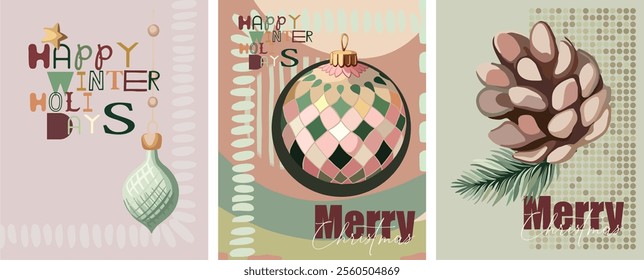 Merry Christmas,Happy New Year! A set of three fully editable posters for the New Year holidays.Digital illustrations of Christmas tree decorations in flat cartoon,abstract style in vintage colors