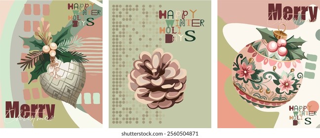 Merry Christmas,Happy New Year! A set of three fully editable posters for the New Year holidays.Digital illustrations of Christmas tree decorations in flat cartoon,abstract style in vintage colors