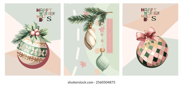 Merry Christmas,Happy New Year! A set of three fully editable posters for the New Year holidays.Digital illustrations of Christmas tree decorations in flat cartoon,abstract style in vintage colors