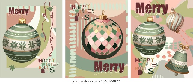 Merry Christmas,Happy New Year! A set of three fully editable posters for the New Year holidays.Digital illustrations of Christmas tree decorations in flat cartoon,abstract style in vintage colors