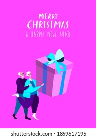 Merry Christmas,Happy New Year Shopping. Happy Old Woman ,Retired Pensioner Man Hold Huge Box of Festive Present Gift Package. Winter Holidays. Shopping Fairy Atmosphere.Xmas Sales Vector Illustration