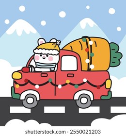 Merry christmas.Happy new year.Winter.Cute rabbit drive truck car with big carrot on road snow background.Animal character cartoon design.Kawaii.Vector.Illustration.