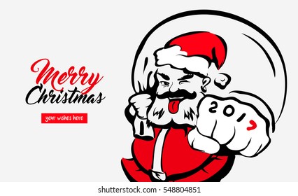 Merry Christmas.Hipster cool Santa Claus,greeting card 2017,place for your wishes.father christmas in red hat.Merry X-mas.The concept banner,calendar,postcard,invitation.Vector illustration isolated