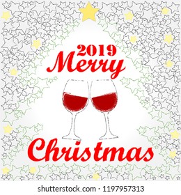 Merry Christmas.Holiday scene with glasses of wine and Christmas decoration.Happy Holidays.