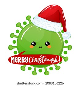 Merry Christmask (Christmas pun) - Cartoon doodle drawing Coronavirus character with Santa hat. Text for self quarantine times. Xmas decoration. Lettering poster. Coronavirus text.