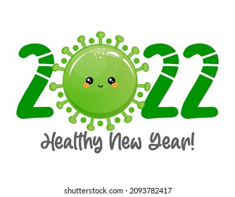 Merry Christmask and Healthy New Year - Cartoon doodle drawing Coronavirus character. Text for self quarantine times. Xmas decoration. Lettering poster. Coronavirus text.
