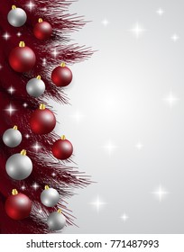 Merry Christmas,New year card and glitter decoration. red and white background with  christmas balls.Vector illustration.