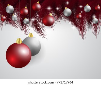 Merry Christmas,New year card and glitter decoration. red and white background with  christmas balls.Vector illustration.