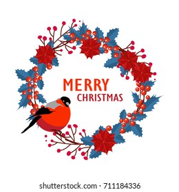 Merry Christmas,new year decor set.New year Spruce fir tree branches,pine cones ,red berries,Poinsettia flower,holly,ribbons, lettering in holiday composition,wreath.Illustration ,greeting cards