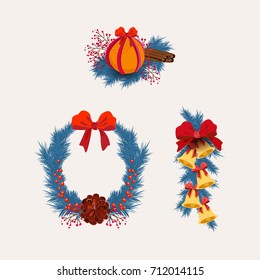 Merry Christmas,new year decor set.New year Spruce fir tree branches,pine cones ,red berries,Poinsettia flower,holly,ribbons, lettering in holiday composition,wreath.Illustration ,greeting cards