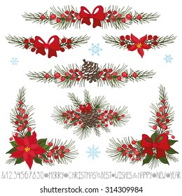 Merry Christmas,new year decor set.Garland borders  and corners.Spruce fir tree branches,pine cones,red berries,Poinsettia flower,holly.Holiday Vector Illustration.Greeting cards,invitation,web,print