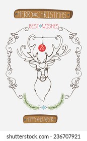 Merry Christmas,New year greeting card,banner.Vintage Reindeer with Christmas toy,wood board,swirling frame.Retro vector