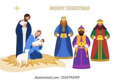 Merry Christmas!Night Christmas religious clipart -Mary with baby Jesus in her arms,Joseph and the three wise men.Epiphany.White background.Vector design