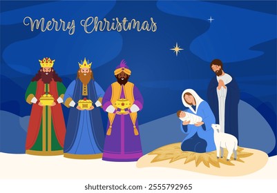 Merry Christmas!Night Christmas religious scene -Mary with baby Jesus in her arms,Joseph and the three wise men.Epiphany.Vector design