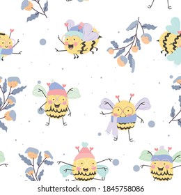 Merry Christmas.Playing cute bees in winter seamless pattern